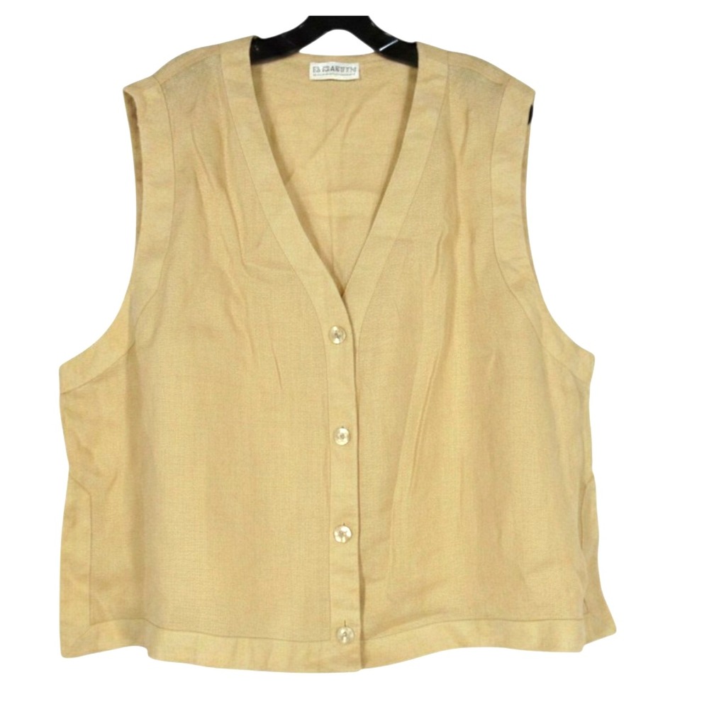 Vtg ELISABETH Beige TEXTURED WOVEN 4-Buttons SLEEVELESS Side Slits VEST TOP 2x